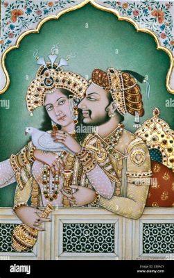 Shah Jahan and His Wife Mumtaz Mahal at an Orchard Feast! Exploring Mughal Art through Vivid Colors and Exquisite Detail.